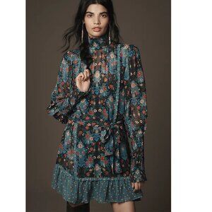 Farm Rio Arabesque Floral Long-Sleeve High-Neck Mini Dress